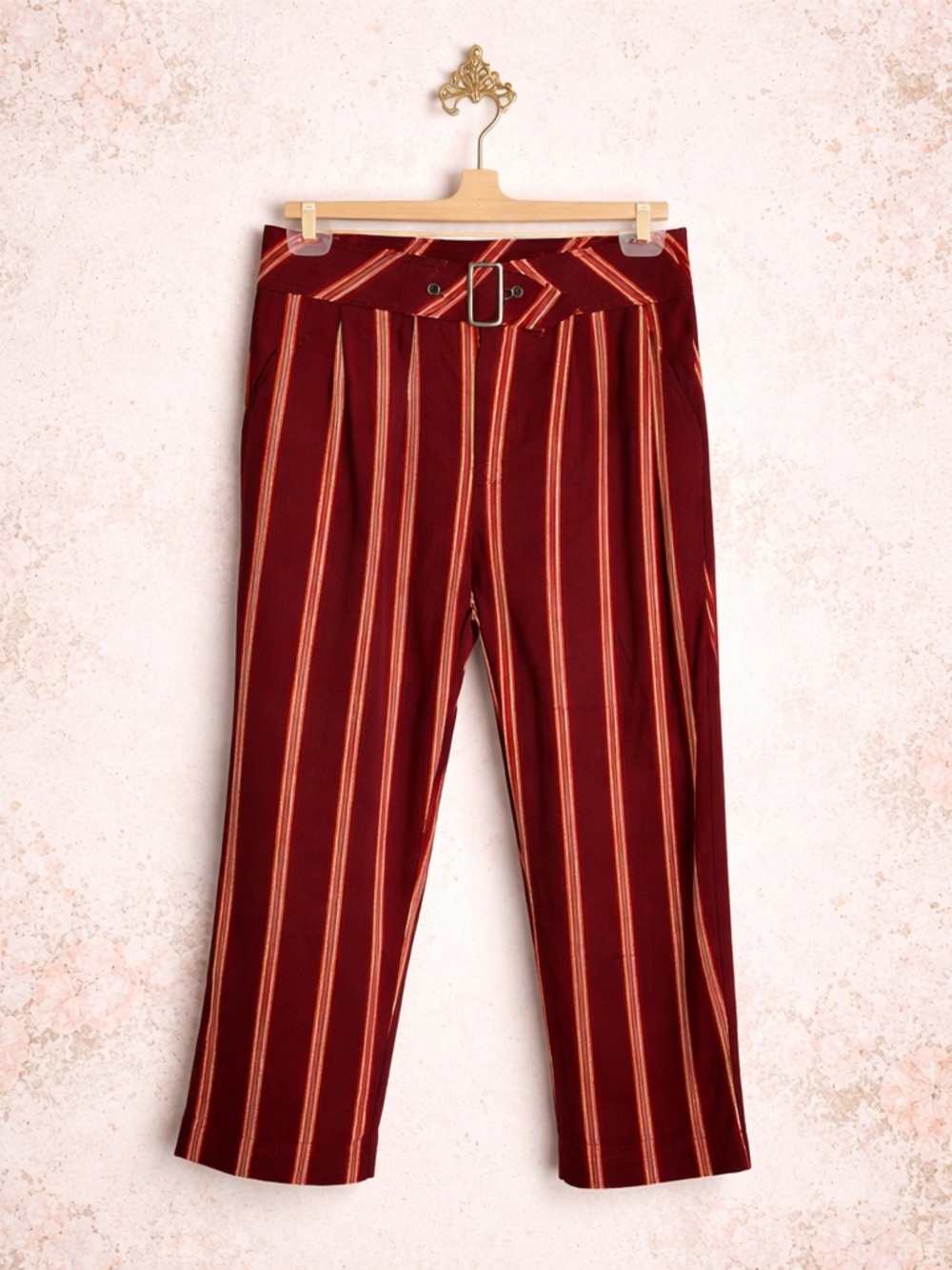 Free People Red boho chic bohemian Ankle Cropped Pants with Bold Stripes 6 NEW